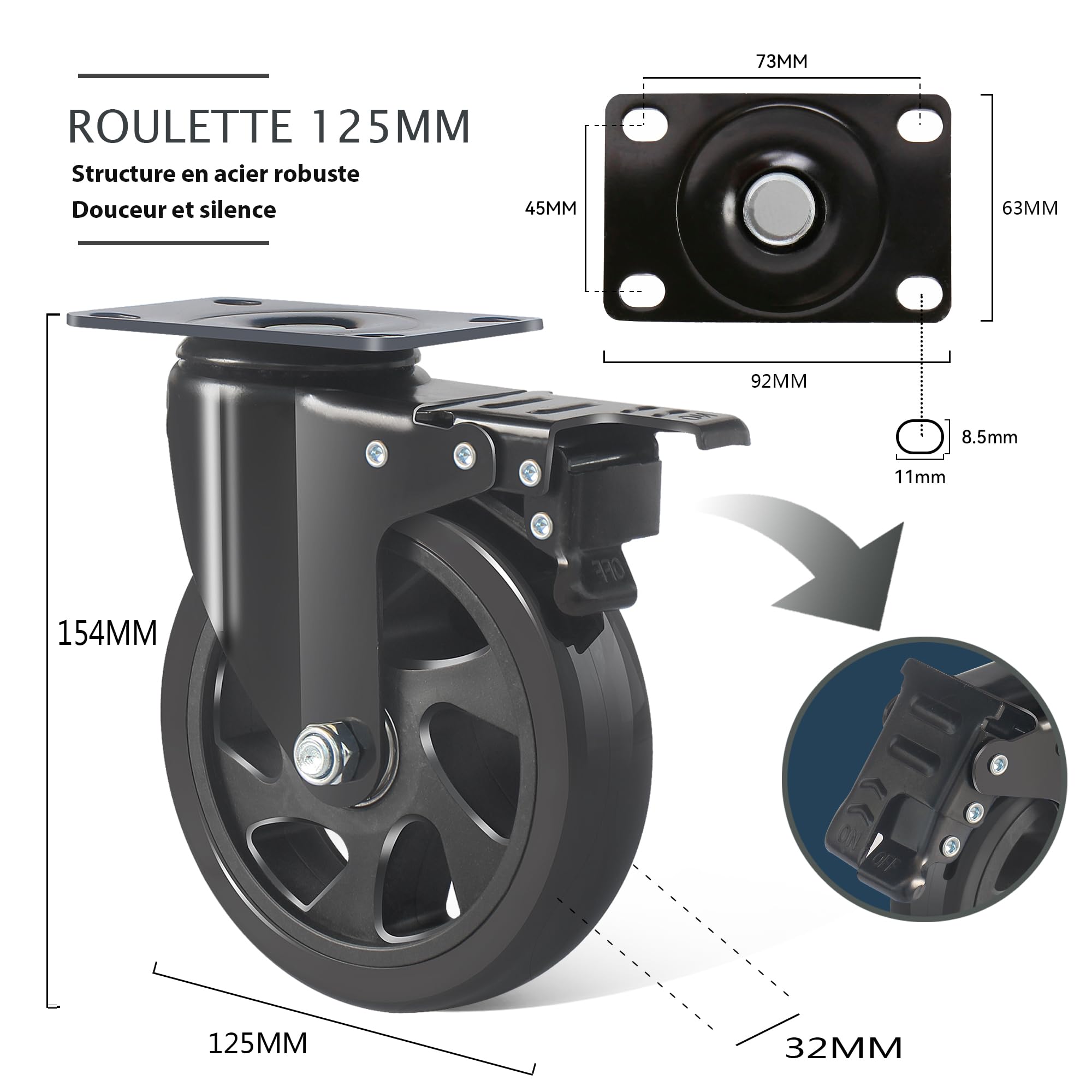 RRIUTO Meubelrol met rem, 125mm zwenkwielen M12 X 30mm schroef, transportwielen dubbellager met 360-graads rotatie, 4 stuks zware zwenkwielen voor meubels, draagvermogen 650KG