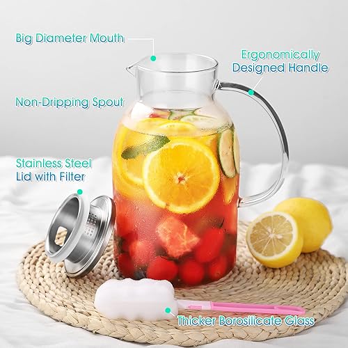 Miniatura 2 de Jarra grande de vidrio resistente al calor de 75 onzas con tapa de acero inoxidable, jarra de agua de borosilicato con boquilla y asa, perfecta para