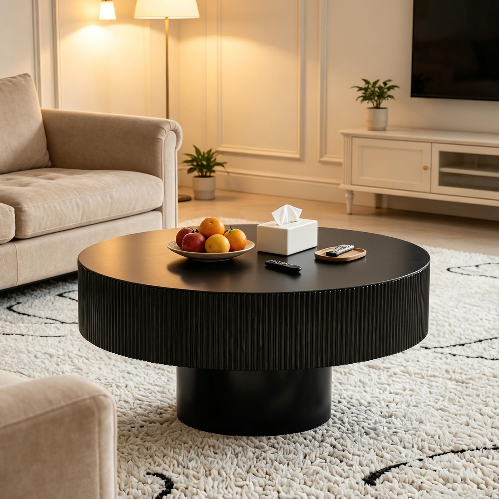 FeiZhiYanS Mid-Century Round Fluted Coffee Table for Living Room