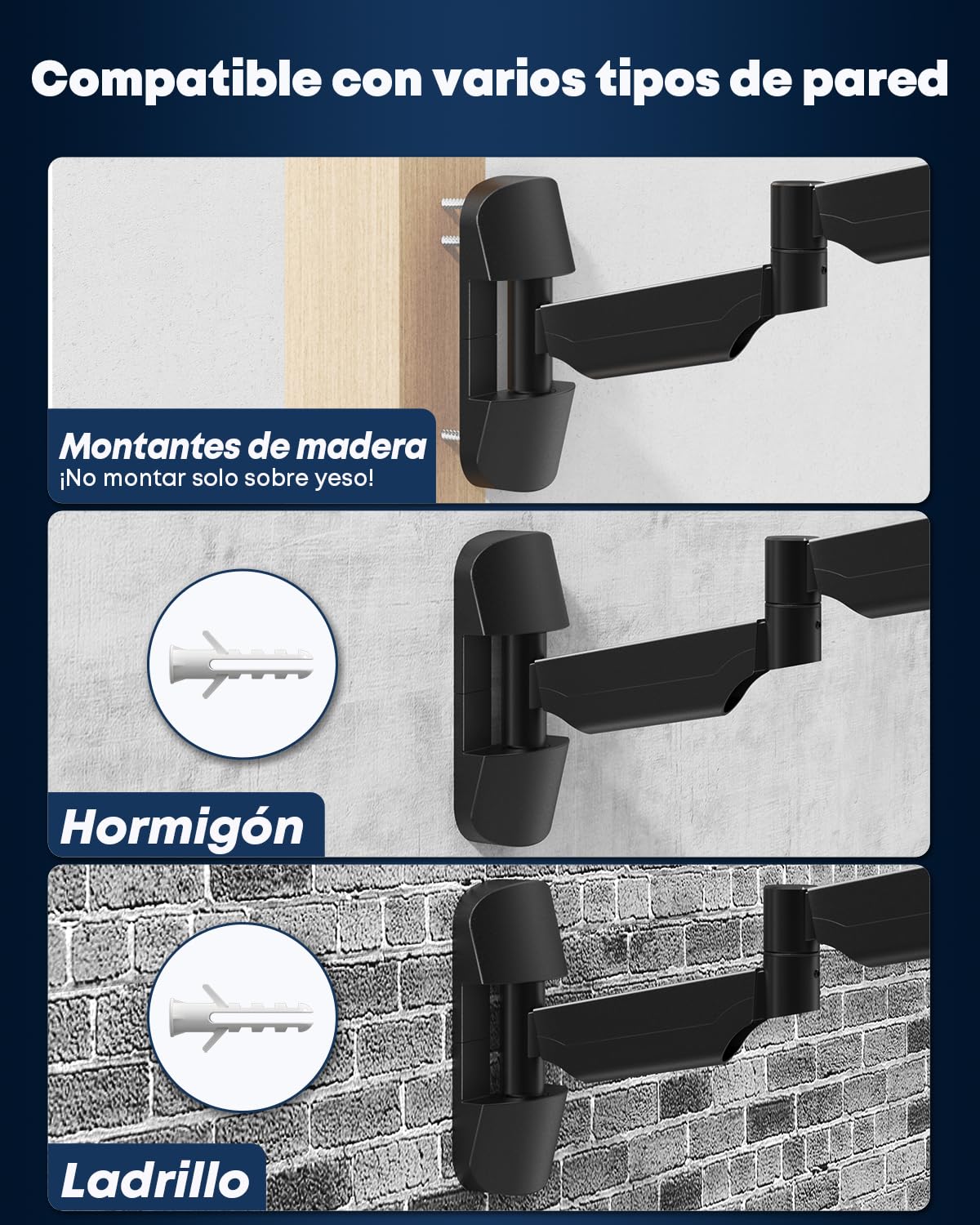 Soporte de pared para monitor con resorte de gas 17–32" – Brazo extra largo 76,9 cm, ajustable en altura y giratorio, VESA 75/100, hasta 9 kg