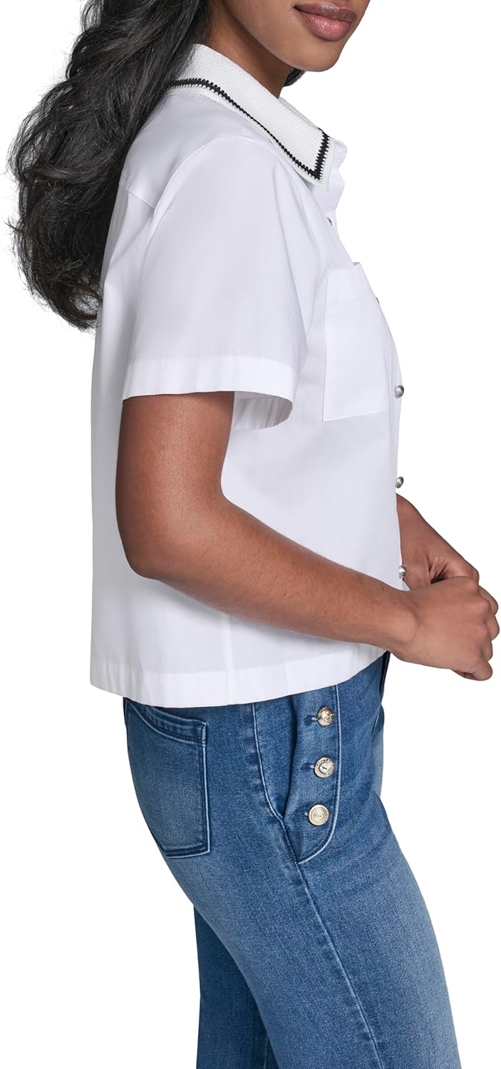 Karl Lagerfeld Women's Short Sleeve Collared Neck Emboriderd Collar Camp Shirt