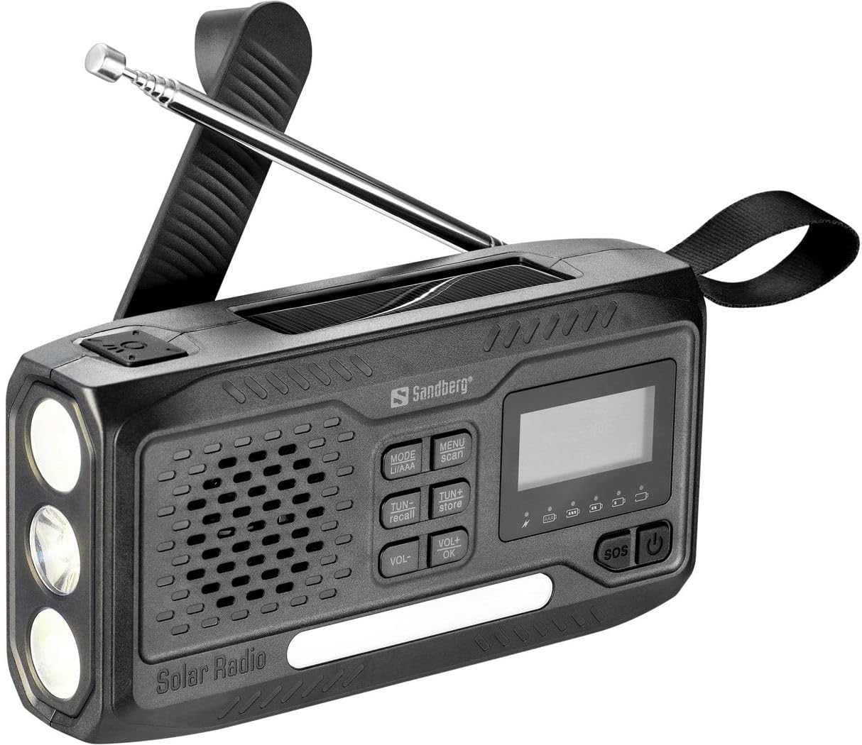 Sandberg Survivor DAB Radio All-in-1 4500 viser frontpanelet med betjeningselementer, display, højttaler, lommelygte og antenne.