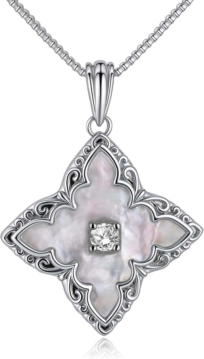 Four Leaf Clover Necklace for Women, 18K Gold Plated Mother of Pearl Pendant with Cubic Zirconia, Vintage Clover Charm Necklace for Birthday,Anniversary Day,Mother's Day,Holiday