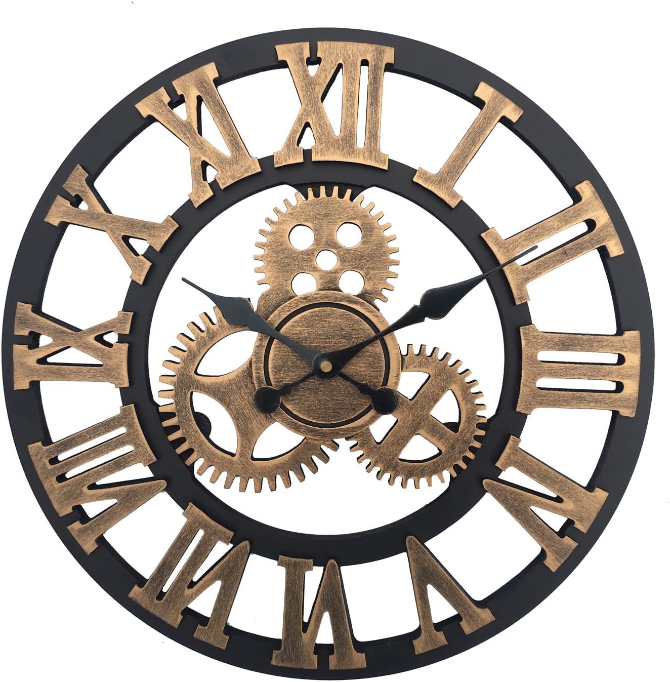 Vintage Industrial Gear Wall Clock๏ผ18 Inch Round 3D Roman Numerals Retro Rustic Battery Operated Non-Ticking Large Art Home Decoration for Living Room (18 inch Diameter, Antique Gold)