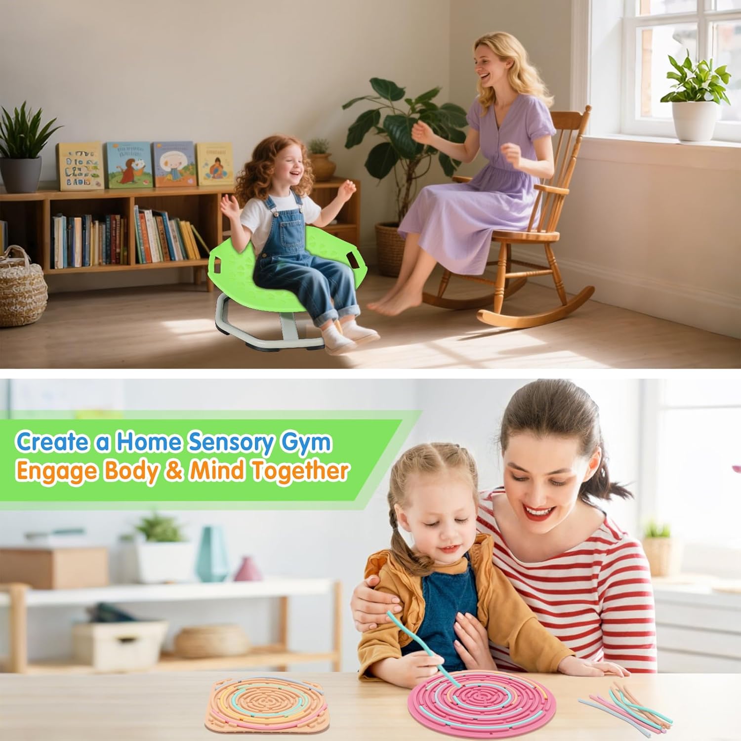Sensory Spinning Chair for Kids, 22 Inch Autism Chair, Balance Training Toy, with 2 Sensory Activity Boards
