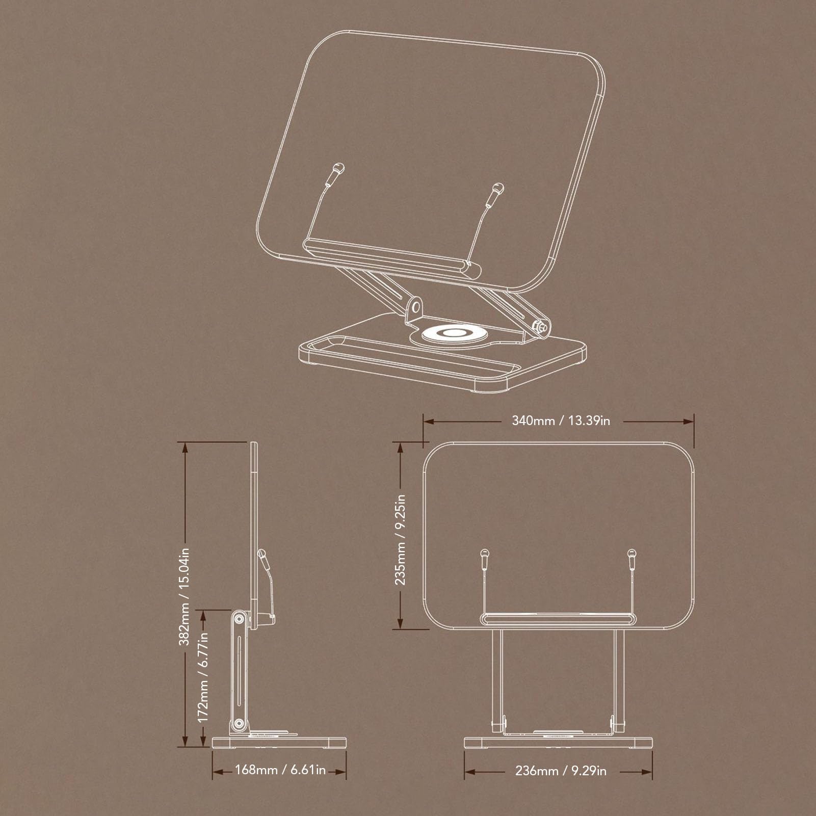Support de Livre, Support de Livre de Cuisine Pliable à Hauteur Multi-angle Réglable à 360°, de avec Clips de Page élastiques, Base Antidérapante pour Lire, Cuisiner, étudier, Ordinateurs