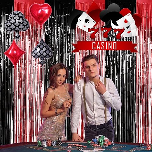 Miniatura 2 de Decoraciones de fiesta temática de casino, cortinas de flecos de aluminio negro y rojo, 2 piezas de 3.28 pies x 8.2 pies, serpentinas de puerta de