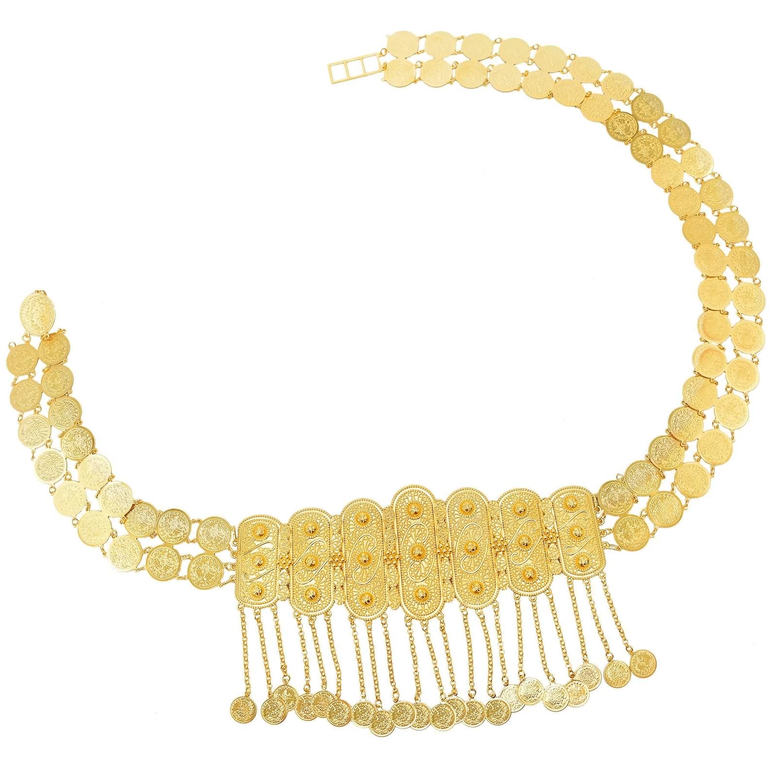 Daesar Körperschmuck Bauchkette Sexy, Taillenkette Vergoldet Breit Blumen mit Münzen Quasten Bauchketten für Frauen Gold