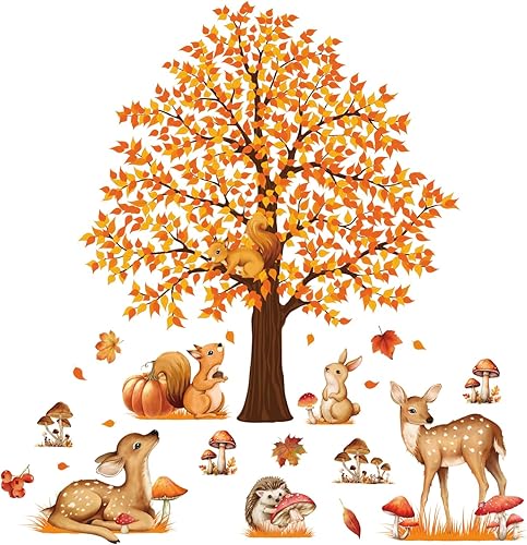 Miniatura 8 de 4 hojas de calcomanías de pared de árbol grande de otoño, árbol de arce, bosque de otoño, calcomanías de pared de bricolaje para despegar y pegar,