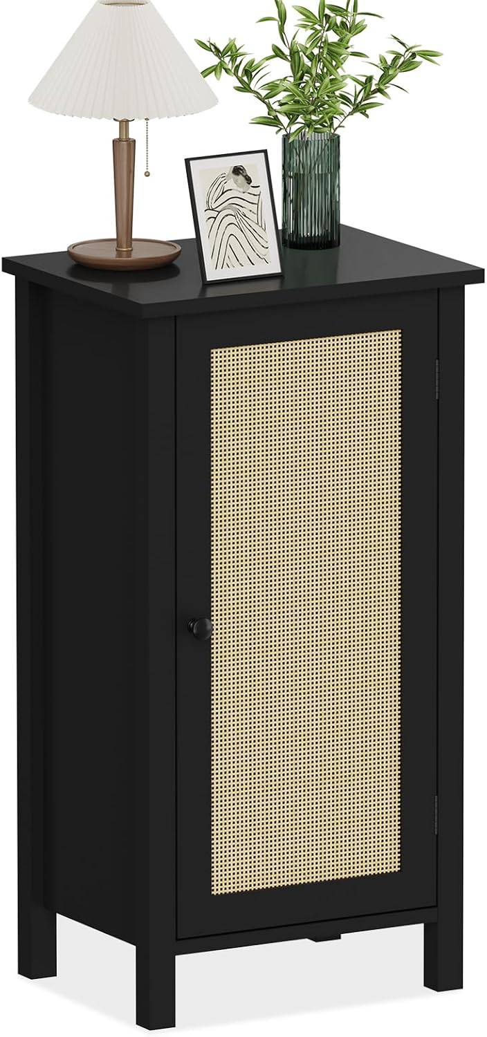 Farmhouse Nightstand with Rattan Door, Black Accent End Table with Storage - Compact Modern Bedside Table with Wood Legs, Easy Assembly for Bedroom, Living Room, Office
