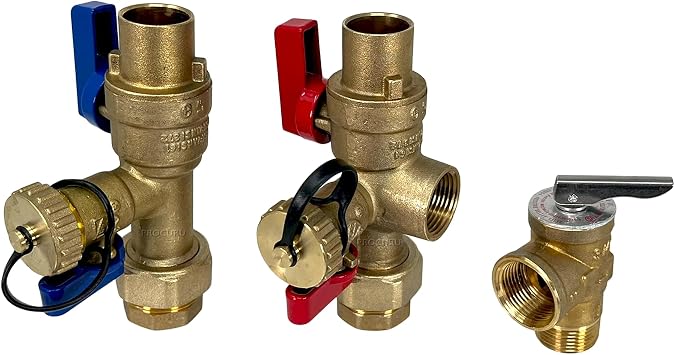 PROCURU Universal Tankless Water Heater Service Valve Kit with Pressure Relief Valve, 3/4-Inch Sweat x 3/4-Inch FIP C x FNPT, Certified Safe