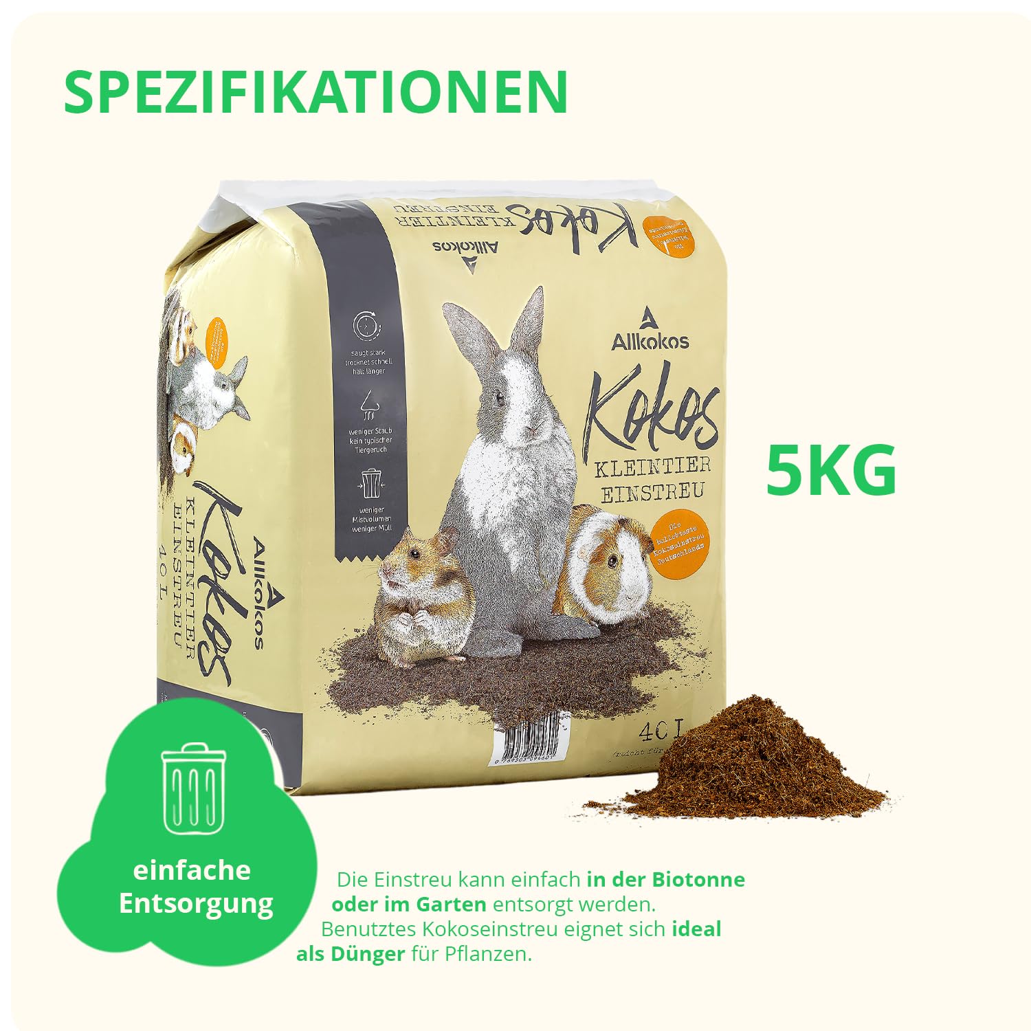 Einstreu aus 100% Kokosfasern – Kleintiereinstreu staubfrei, geruchsbindend und sanft zu Pfoten – perfekt als Streu für Hamster, Kaninchen, Meerschweinchen UVM. (1x40 Liter)