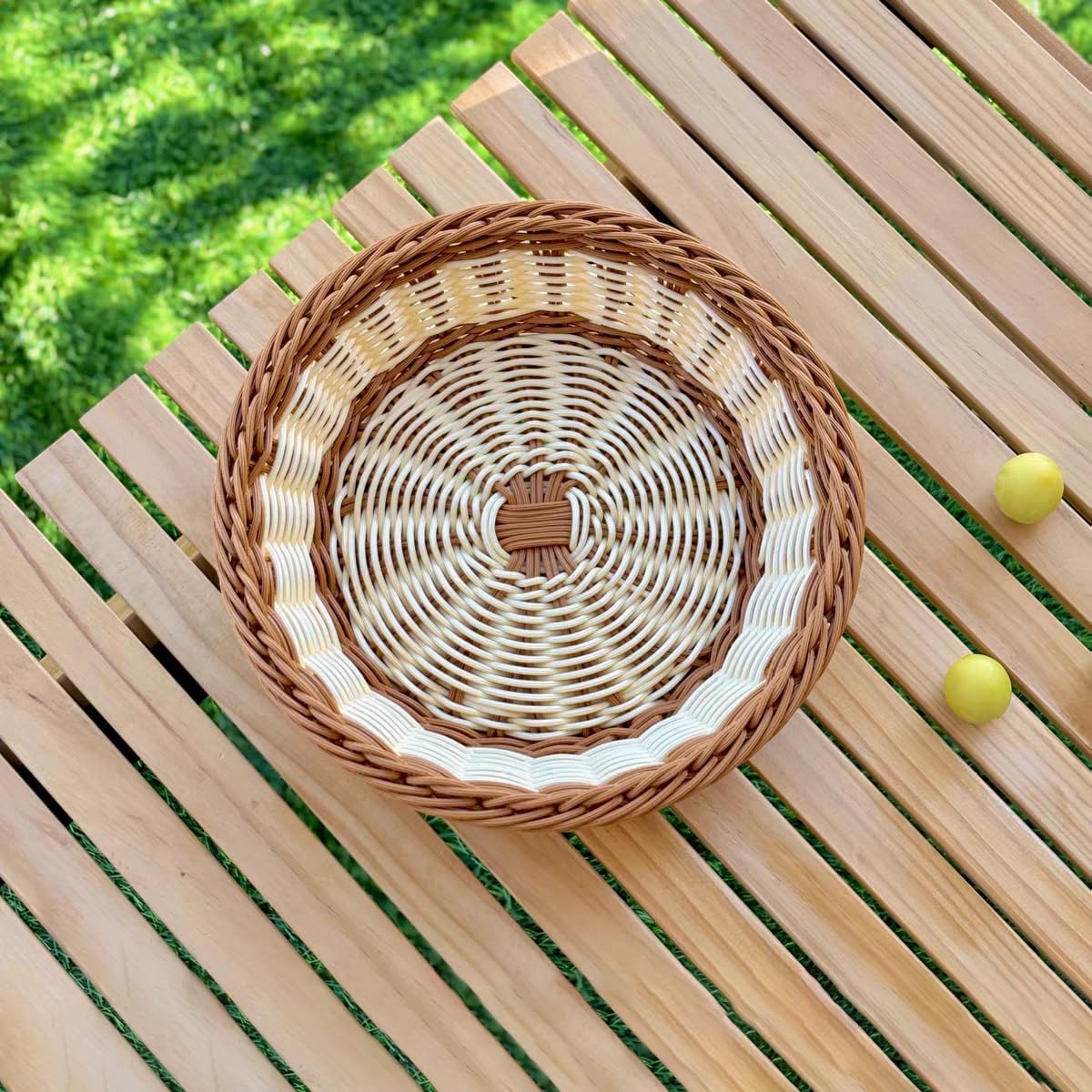 3 Pack Fruit Basket, Round Wicker Bread Basket Countertop, Reusable Stackable Woven Baskets for Living room, Kitchen, Store, Restaurant, Party (Bicolor, S)