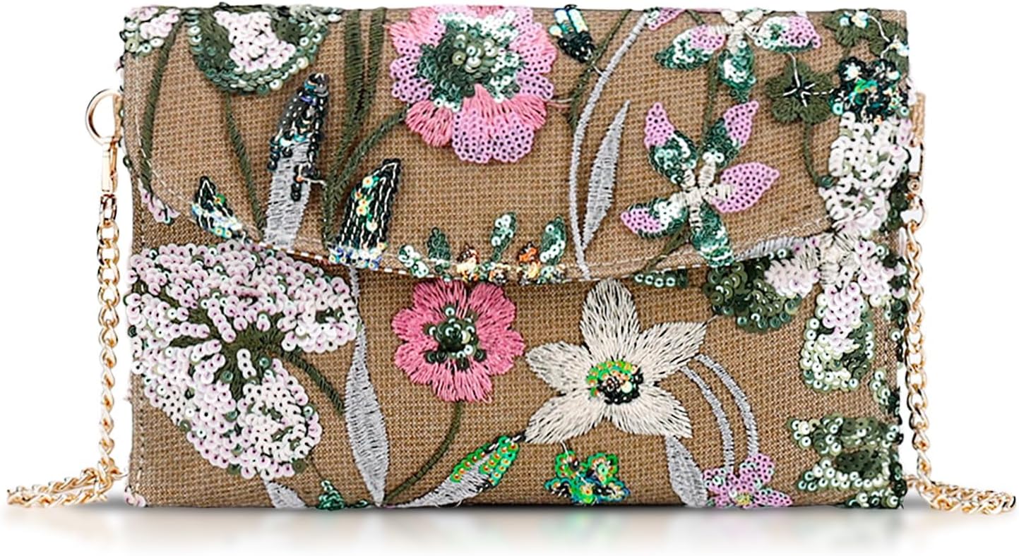 Clutch Purses for Women, Envelope Package, Sequin Embroidered Flowers Straw Bag, Bohemian Handmade Handbags