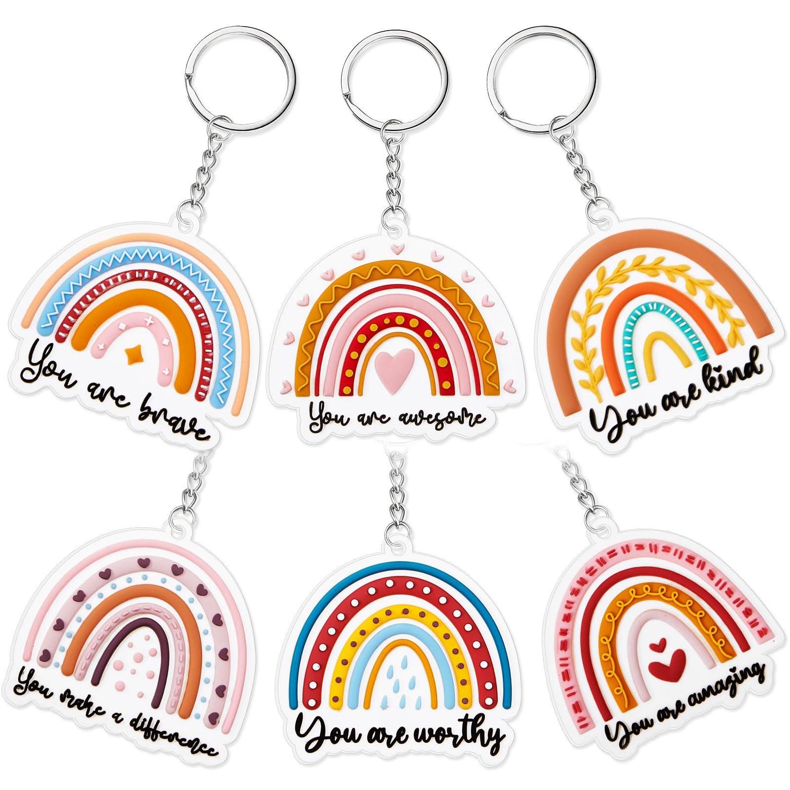 Ecally 6 Pcs Teacher's Day Keychain Appreciation Gift Rainbow Keychain Bulk with Inspirational Quote Boho Thank You Gift