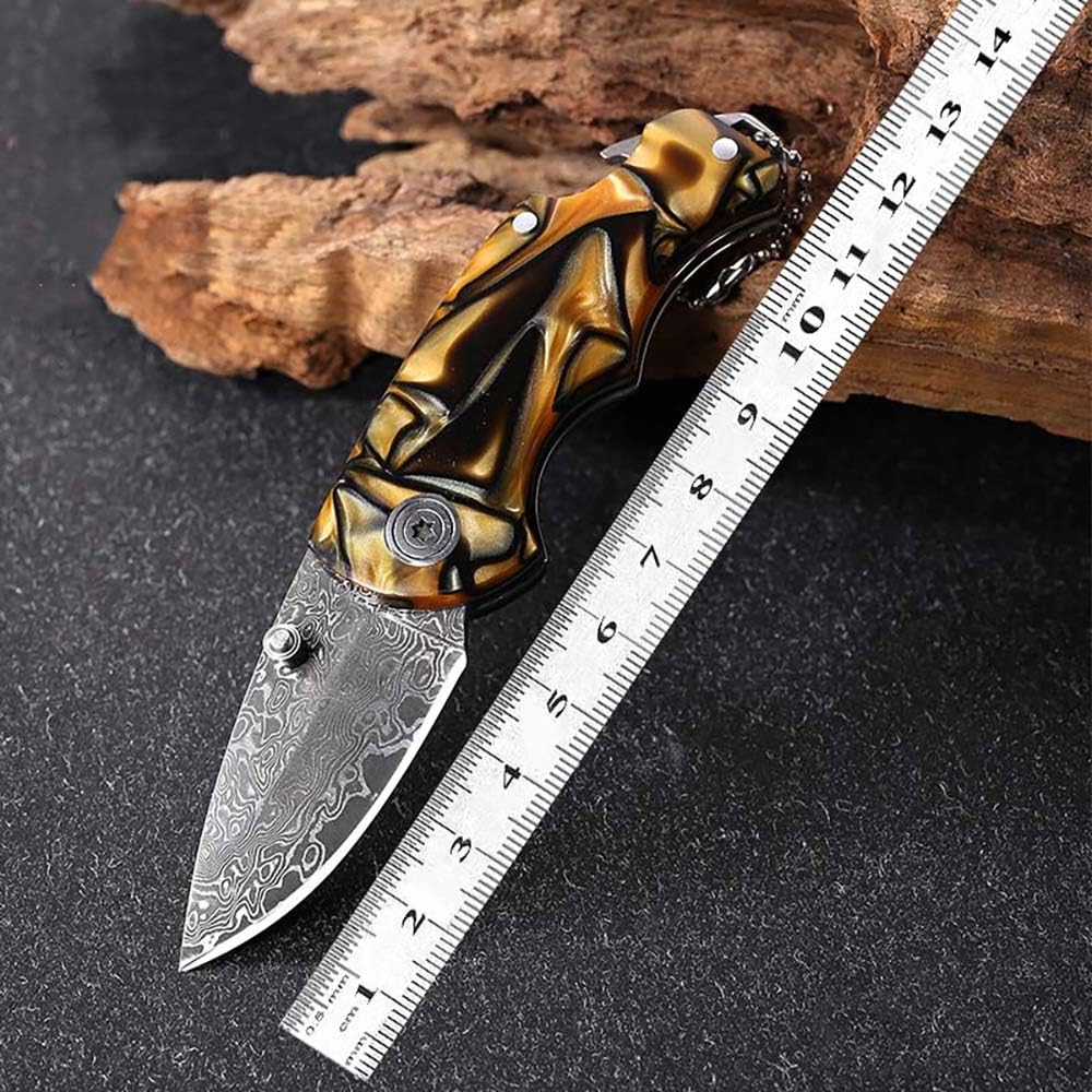 Klappmesser 5.5" Taschenmesser Damast Aus Damaszener Damaststahl & Harz, Klein Outdoor Messer Survival Jagdmesser, Scharfes Einhandmesser, Damastmesser, Multi Hals Messer Neck Knife EDC Schlüsselring