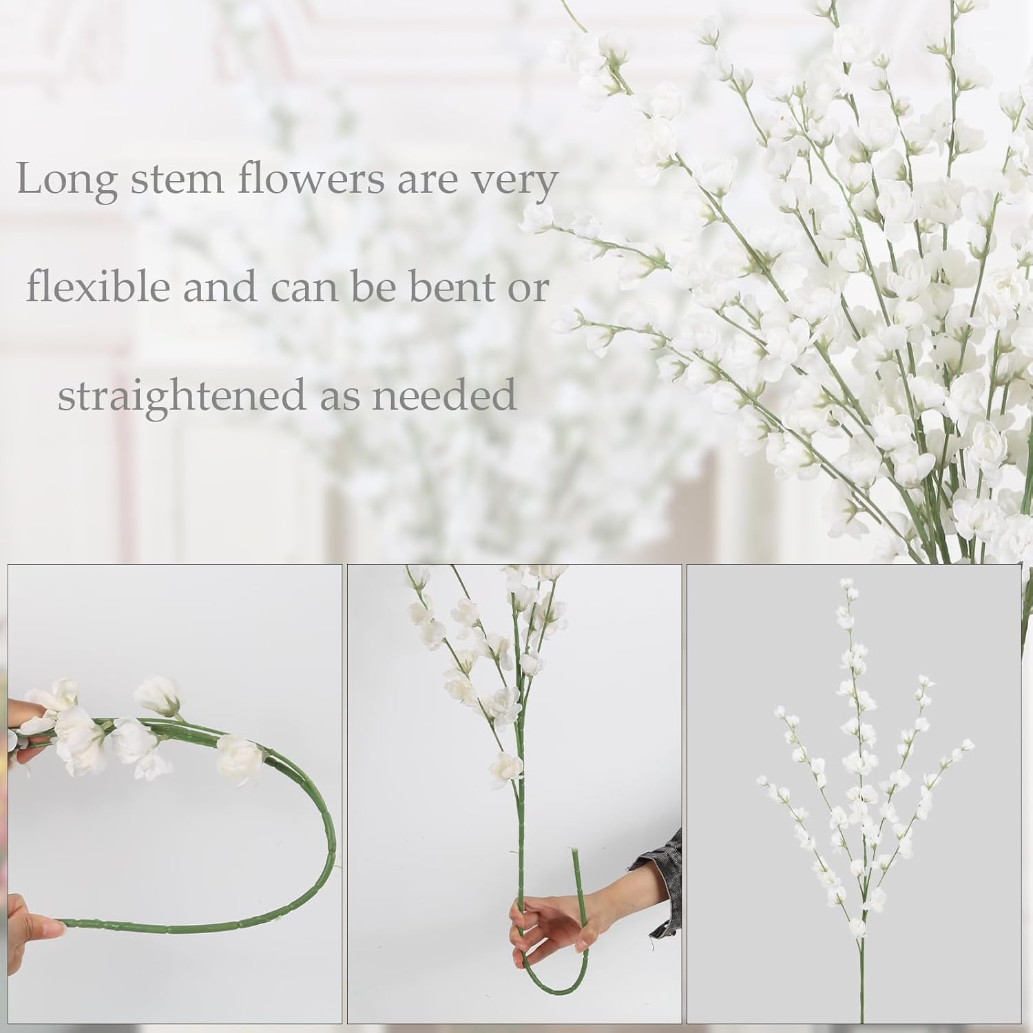 IPOPU White Delphinium Artificial Flowers,5PCS Silk Larkspur Faux Flowers 45.6in Tall Fake Flowers for Floor Vase Table Centerpieces Wedding Home Decor (White)