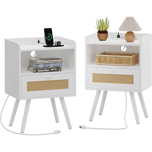 SUPERJARE Nightstands with Charging Station, Bedside Table Set of 2 with PE Rattan Drawers, Rattan Side Table with Storage & Solid Wood Feet, End Table for Bedroom, White