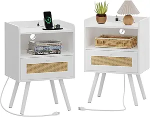 SUPERJARE Nightstands with Charging Station, Bedside Table Set of 2 with PE Rattan Drawers, Rattan Side Table with Storage & Solid Wood Feet, End Table for Bedroom, White