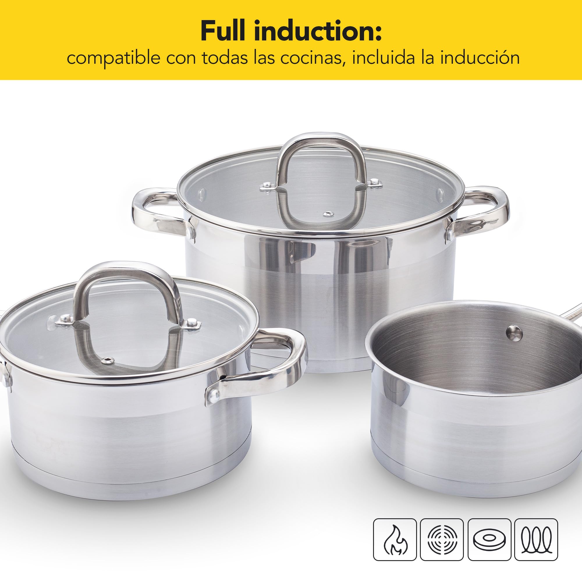 CASTEY - Batería de Cocina Essentials – 3 Piezas: Olla 24 cm (5,4 L) + Olla 18 cm (3 L) + Cazo 16 cm (1,8 L), Acero Inoxidable, Alta Durabilidad, Compatible con Inducción, Gas y Vitrocerámica