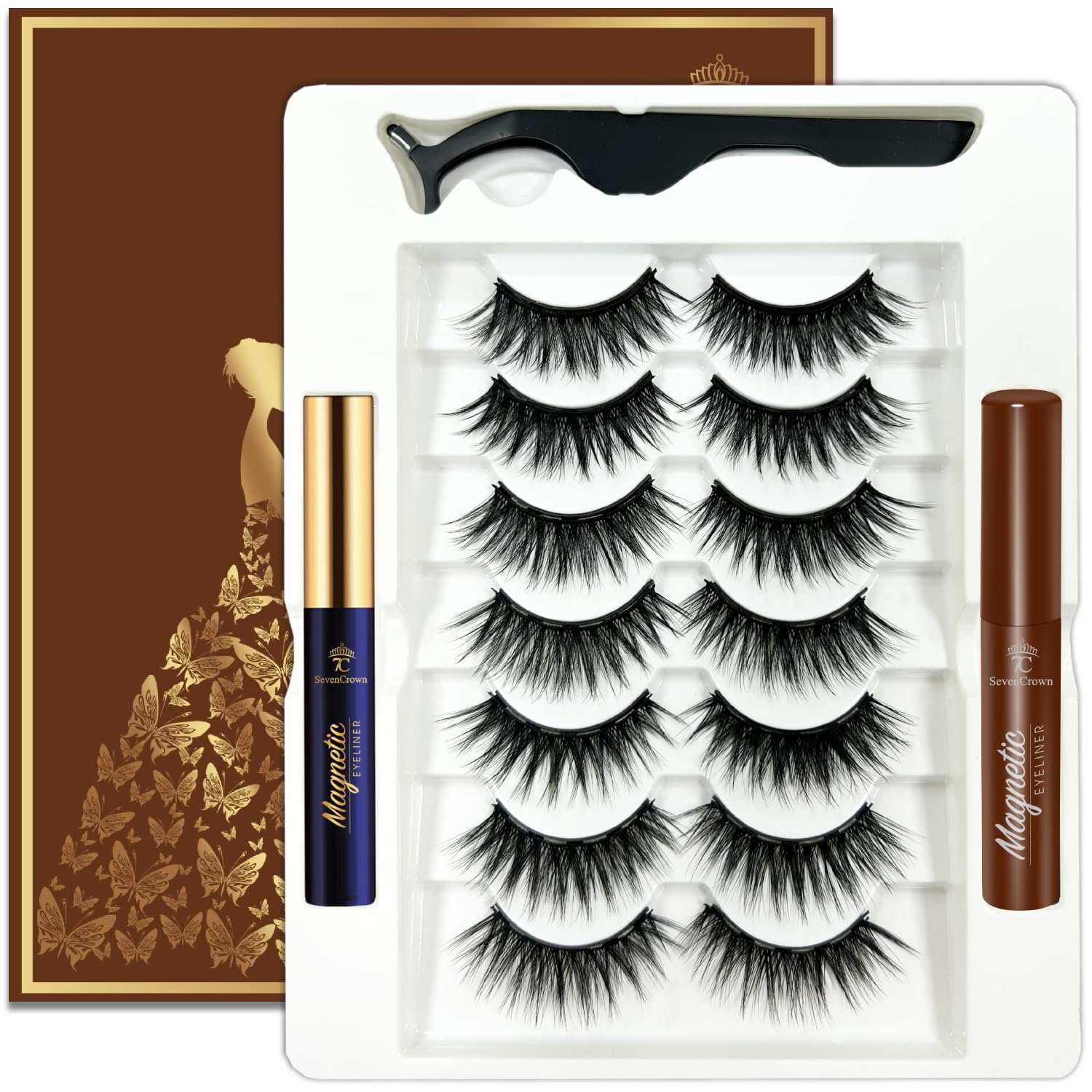 7C SevenCrown Magnetic Eyelashes Natural Look, 7 Pairs Reusable Cat-eye Medium Magnetic Lashes with 2 Tuble Magnetic Eyeliner （1 black+1brown) Vegan &