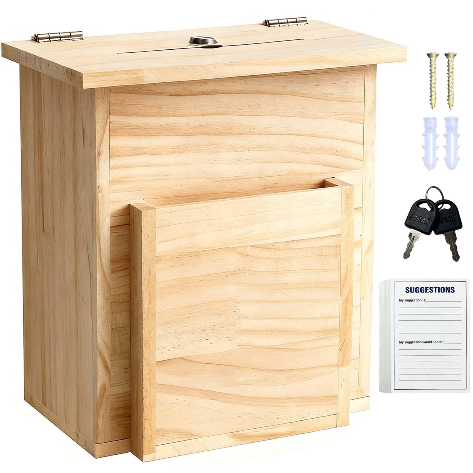 50PCS Cards And Wooden Suggestion Box,Honesty Comment Collection And Ballot Box With Slot Lock And 2 Keys,Charity Donation And Feedback Tip Prayer Box for Mounted on Countertop or Wall(8.6x5.9x9.8In)