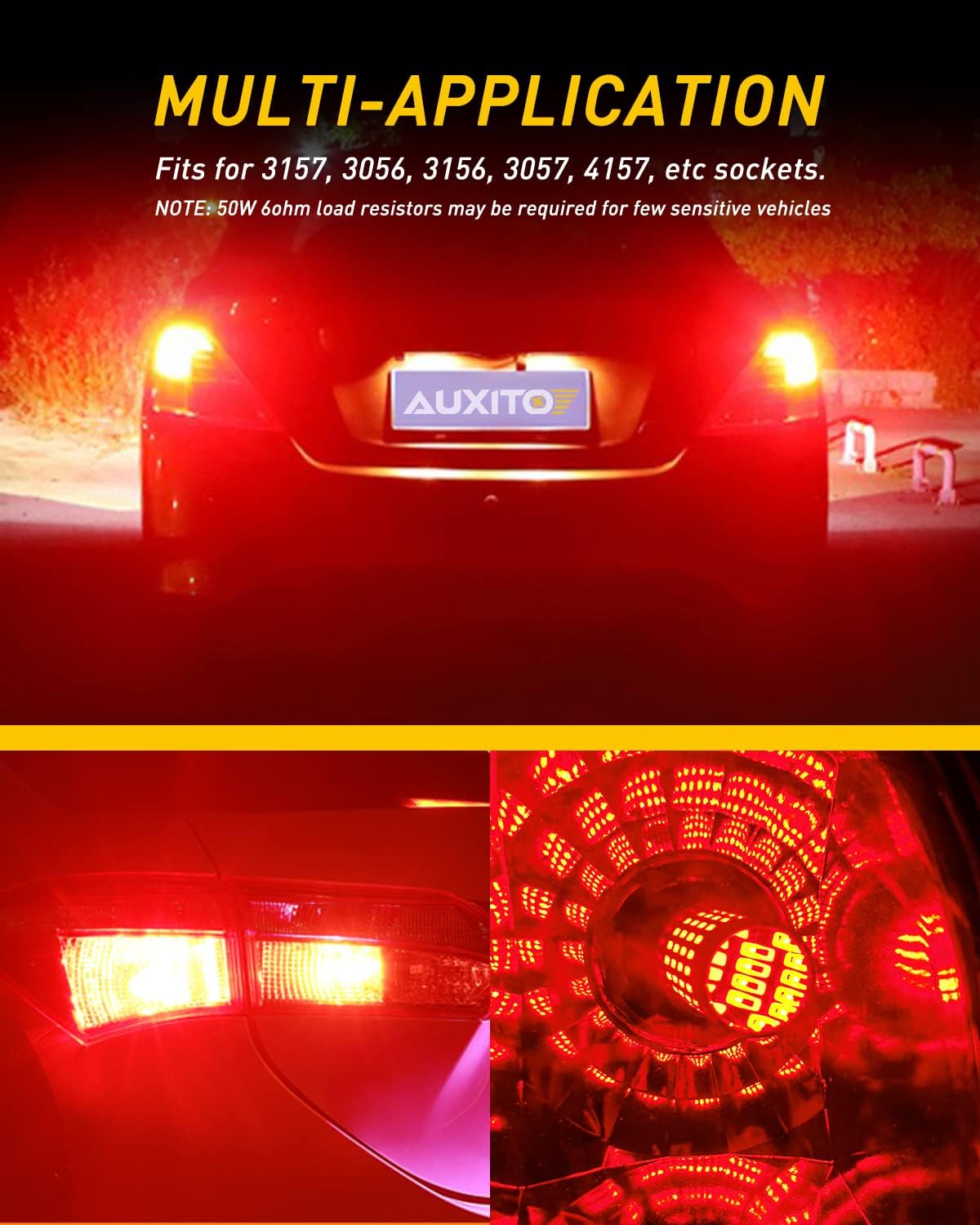 AUXITO Upgraded 3157 LED Bulbs Red, Super Bright 3056 3156 3057 4157 LED Bulbs with Projector for Brake Lights Tail Lights Stop Turn Signal Reverse Back Up Parking Lights, Pack of 2