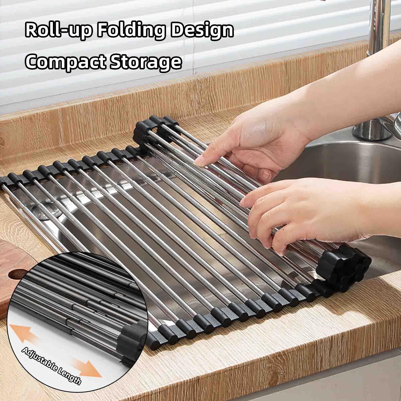 JUSHZ Scolapiatti Da Appoggio Scolapiatti Da Lavello Piattaia Pieghevole Colapiatti Portapiatti Acciaio Inox Piccolo Griglia Avvolgibile Da Appoggio Sopra Il Lavello Retrattile (Silver,37–60x38cm)