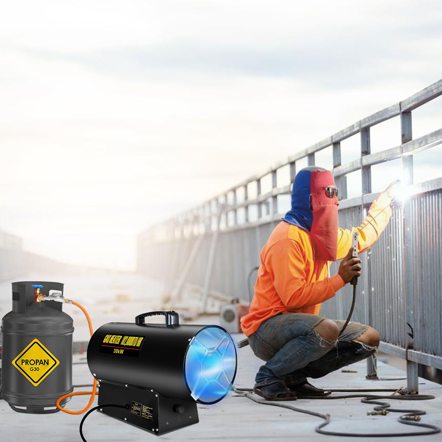 Gasheizgebläse Heizkanone Gasheizer mit 1,2m Gasschlauch und 700 mbar Druckminderventil Edelstahl Gasheizgebläse, 220V Piezozündung und Tragegriff (30KW)