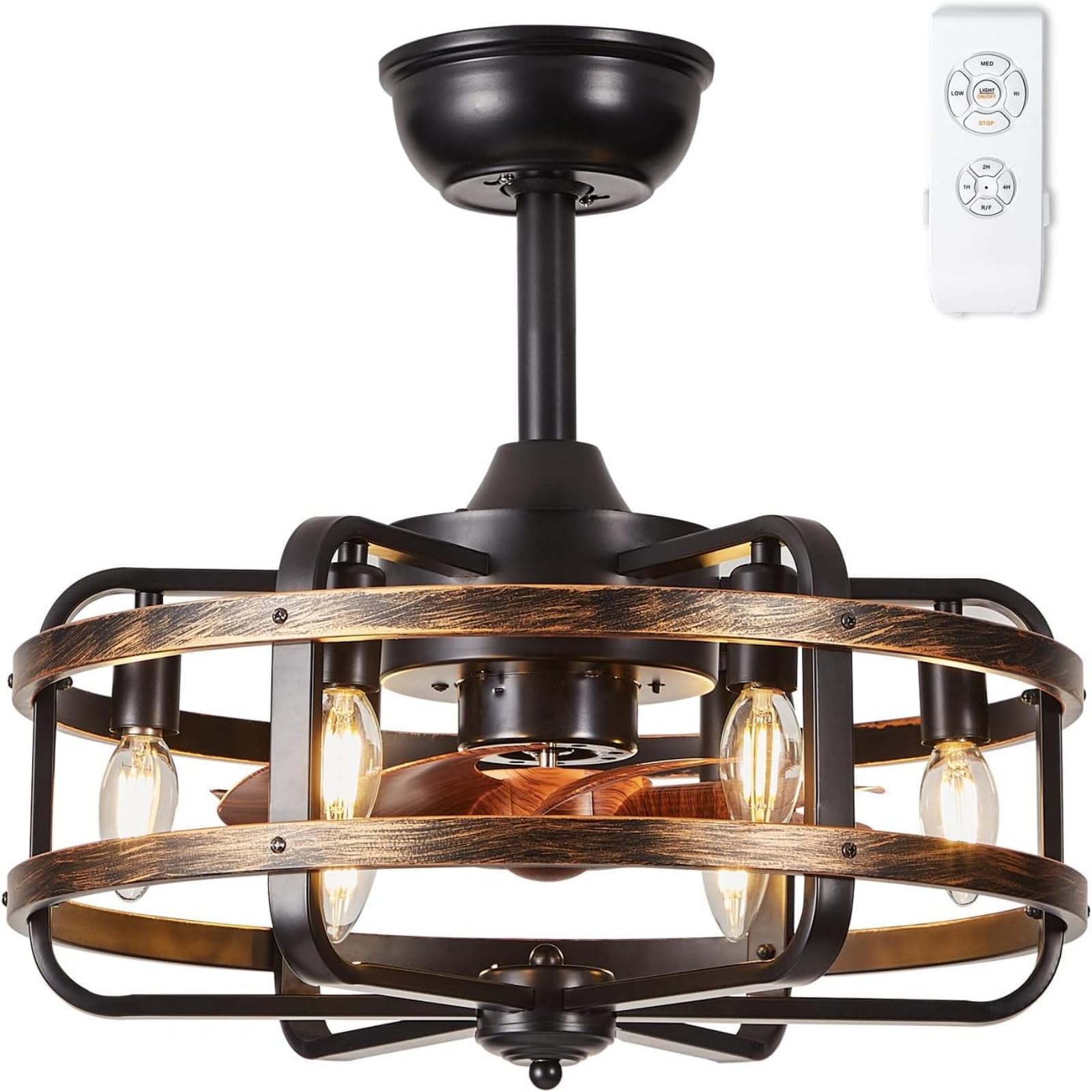 Ceiling Fans with Lights Remote Farmhouse 46cm Flush Mount Industrial Caged Ceiling Fan 3 Speed Vintage Reversible Ceiling Fans with Lamps Retro for Bedroom Dining Room Kitchen 6x E14 Light Bulb Base
