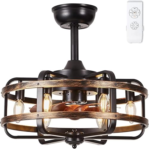 Caged Ceiling Fans with Lights Black Farmhouse 18‘’ Flush Mount Bladeless Rustic Chandeliers Fan Lights with Remote Vintage Reversible Ceiling Fan