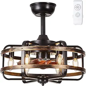 Caged Ceiling Fans with Lights Black Farmhouse 18‘’ Flush Mount Bladeless Rustic Chandeliers Fan Lights with Remote Vintage Reversible Ceiling Fan for Living Room Bedroom Kitchen 6 Light Bulb Base E12