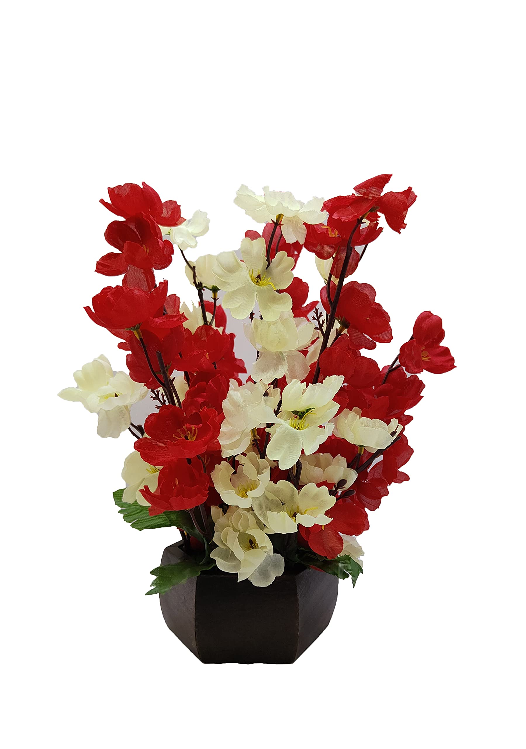 Unique Flowers Artificial Cherry Blossom Flower Bunch with Wooden Pot for Home Decoration, Living Room, Arrangements, Wedding, Outdoor, Indoor, Office Décor & Gift (12 Inch/30 Cm) Color - Red & White (B08WRS4CG2) Amazon Price History, Amazon Price Tracker
