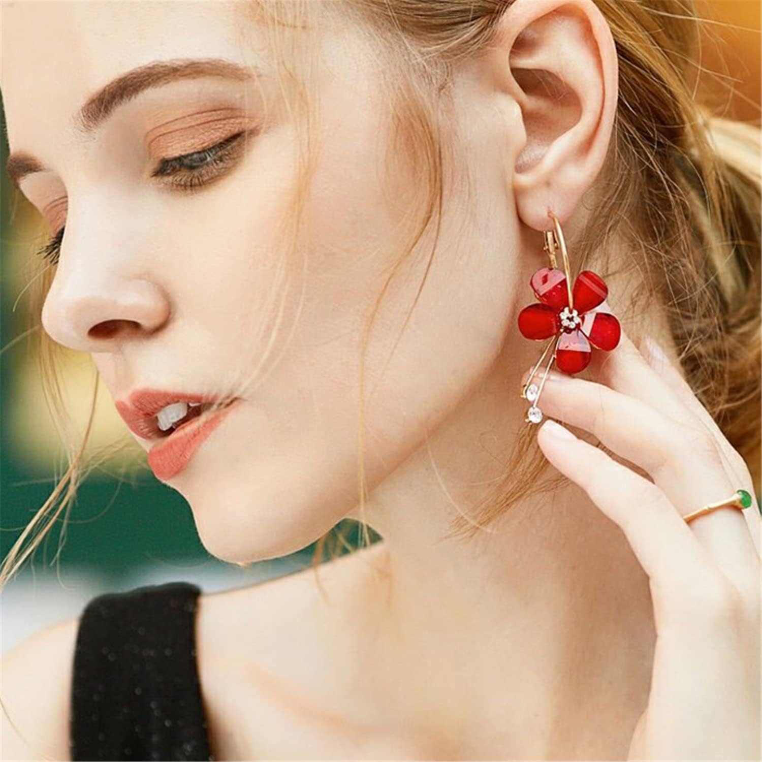 Elegant Romantic Bohemian Crystal Acrylic Rose Flower Dangle Drop Earrings Exaggerated Sparkly Five Leaves Flower Round Hoop long Tassel Earring for Women Statement Jewelry Gifts - Image 3