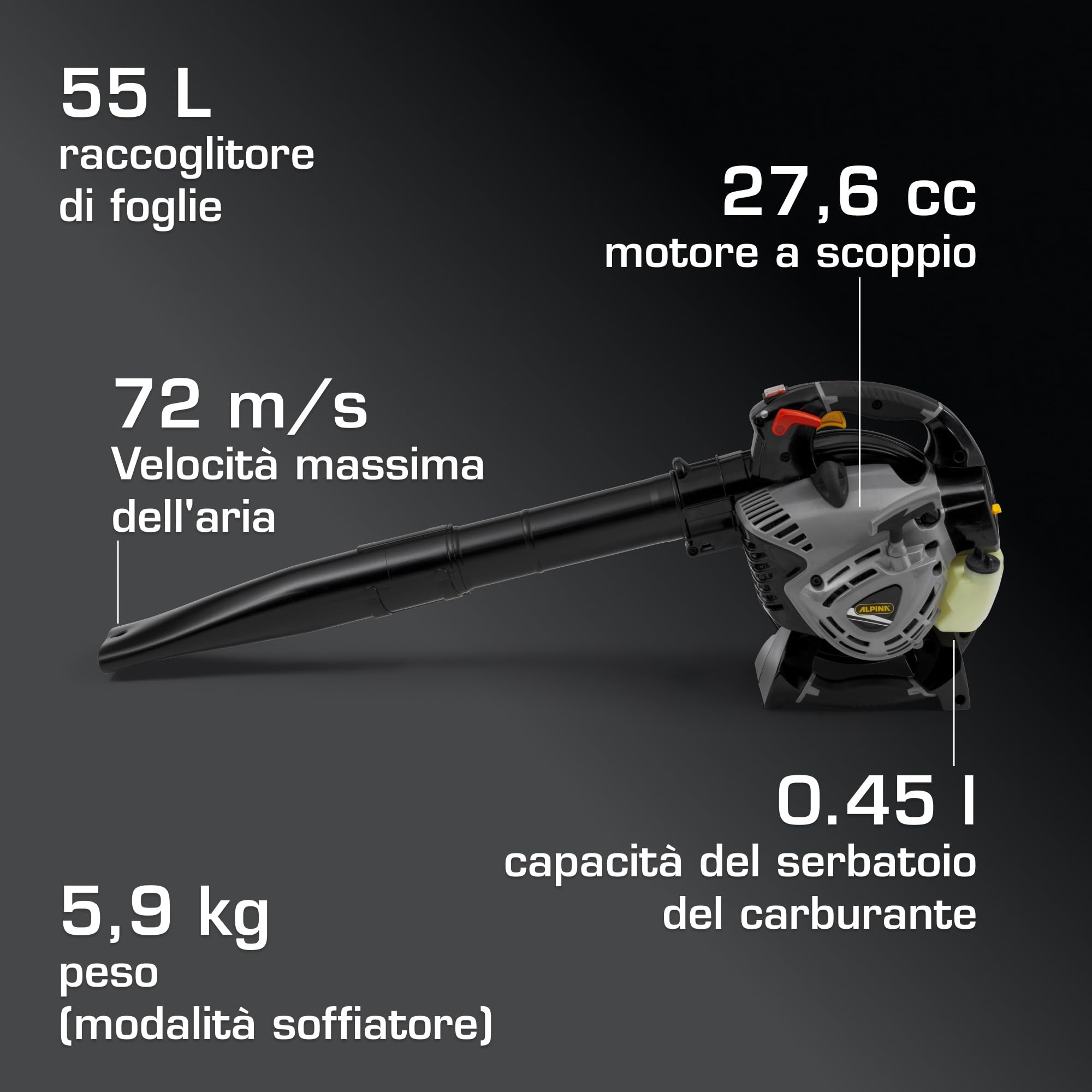 Alpina ABL 27 V Soffiatore-Aspiratore A Scoppio, 27,6 cc (800 W) – Leggero E Maneggevole, Sacco 55 l – Per Giardinaggio
