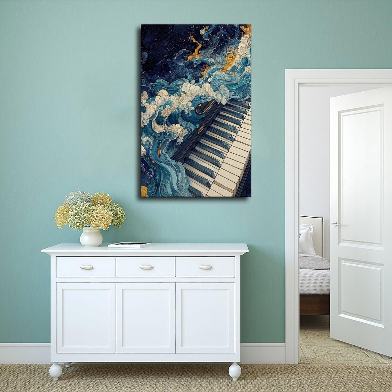 Poster con pianoforte con onde oceaniche, arte da parete musicale, poster per camera da letto, decorazione per ufficio, camera da letto, regalo, 61 cm L x 91,4 cm W