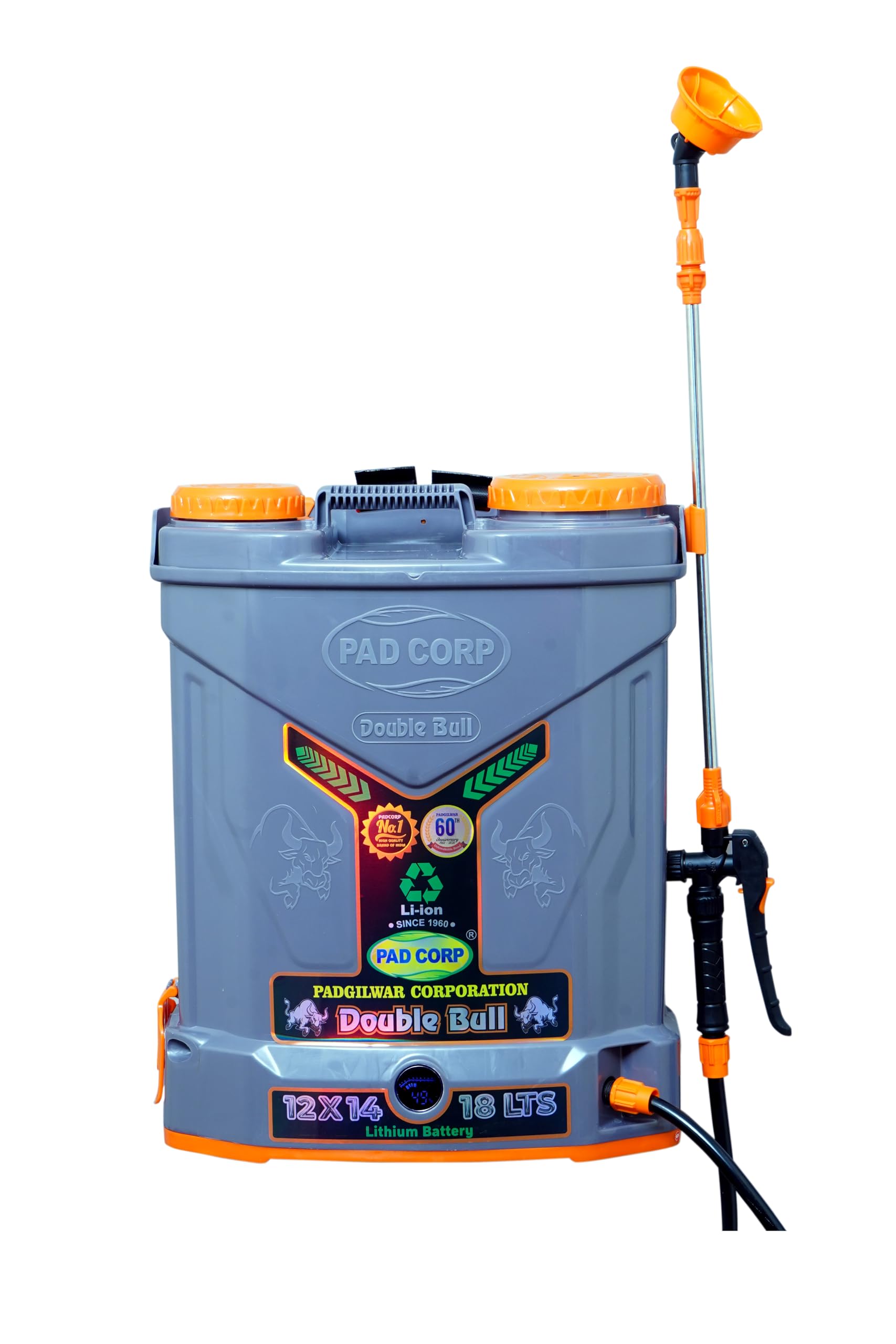 Pad Corp Li-ion Double Bull Battery Sprayer, 18L Tank, 12Vx14AH Battery, Double Motor Sprayer, Use for Agriculture, Garden, and Pest Control, 2AH Fast Charger, Free 9Watt LED Light with 15 Wired