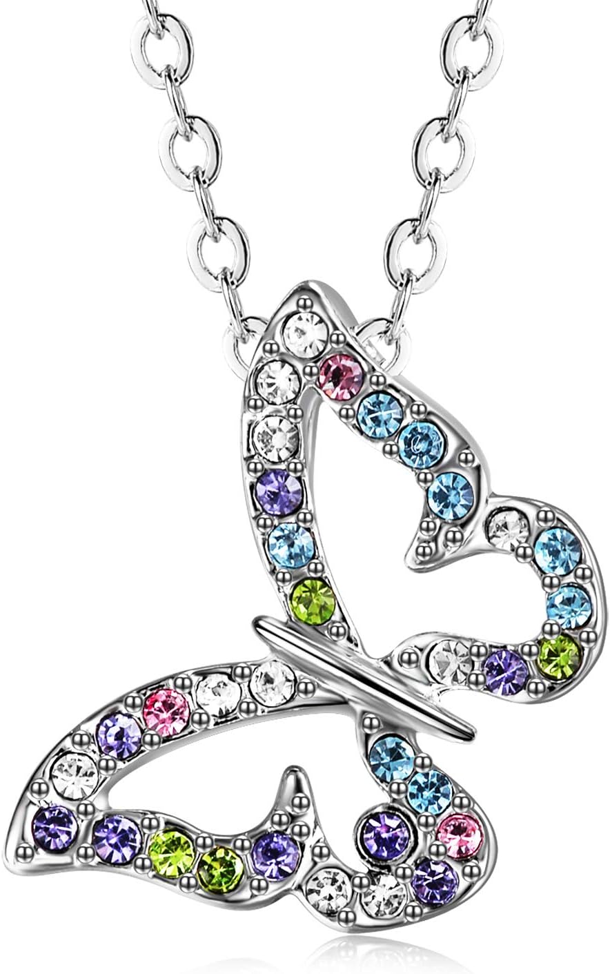 White Gold Plated Butterfly Multi-color AAAAA Austrian Crystal Cubic Zirconia Pendant Necklace for Women
