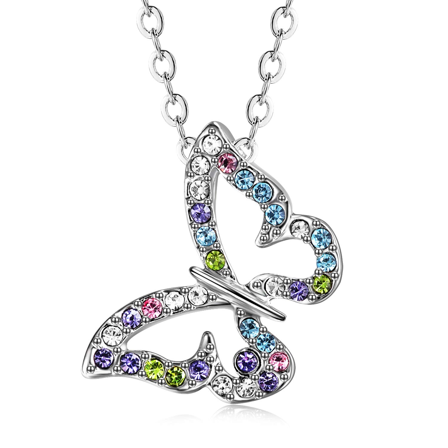 White Gold Plated Butterfly Multi-color AAAAA Austrian Crystal Cubic Zirconia Pendant Necklace for Women