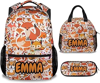 Mercuryelf Personalized Fox Girls Boys Backpack with Lunch Box Set, 3 in 1 School Travel Backpacks Matching Combo, Cute Orange Bookbag and Pencil Case Bundle