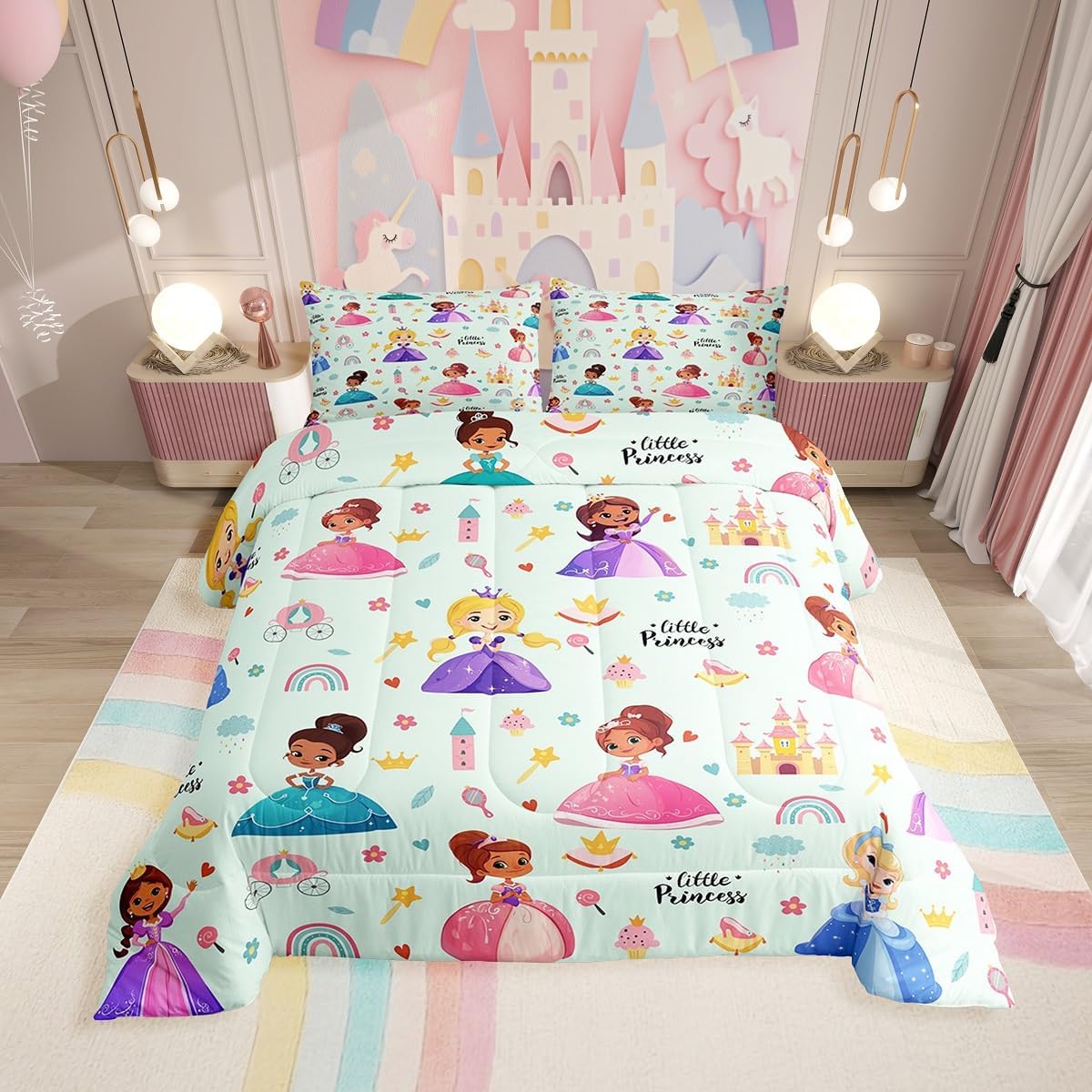 Erosebridal Cute Girly Princess Queen Comforter Set, Magical Kids Castle Soft Bed Set for Bedroom, Kawaii Princess Breathable Quilt Set for Kids Girls, Cartoon Rainbow Down Comforter