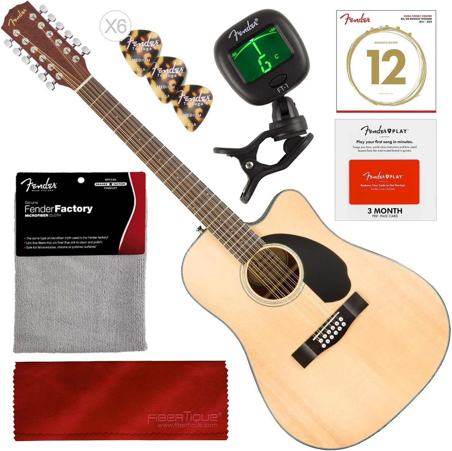 Fender CD-60SCE-12 Guitarra acústica eléctrica de 12 cuerdas para diestros,  natural con tarjeta de pago de Fender Play, afinador, cuerdas, púas,  paquete de accesorios de tela : Amazon.com.mx: Instrumentos Musicales