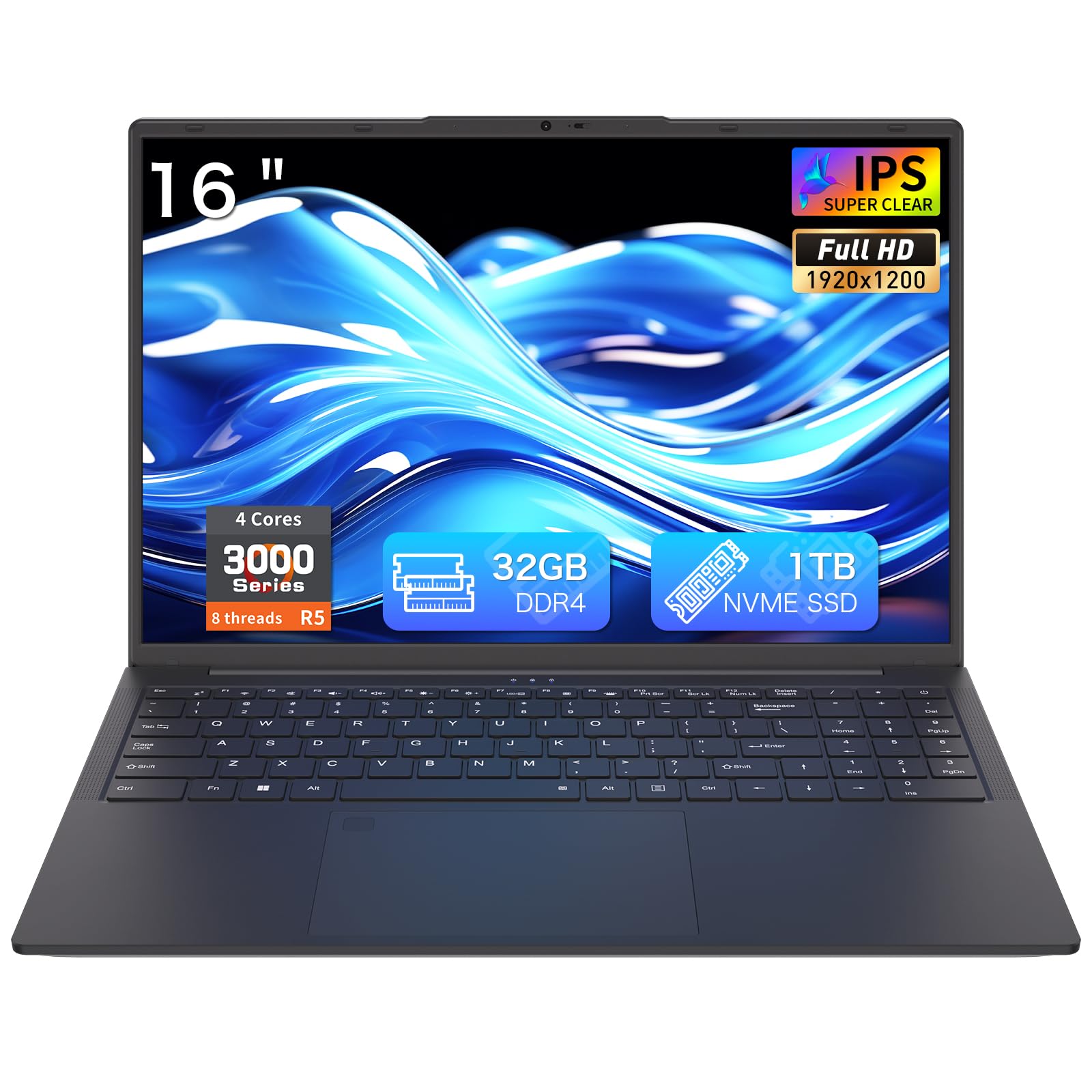 Laptop Computer, 32GB RAM, 1TB SSD, Ryzen 5 3000 Series 4C8T 3.7/2.1GHz, 16" FHD+, Webcam, Privacy Shutter, Backlit KB, Fingerprint, USB-C 65W Charging, 3 USBA, Win11Pro, WiFi 6, T160R, Black