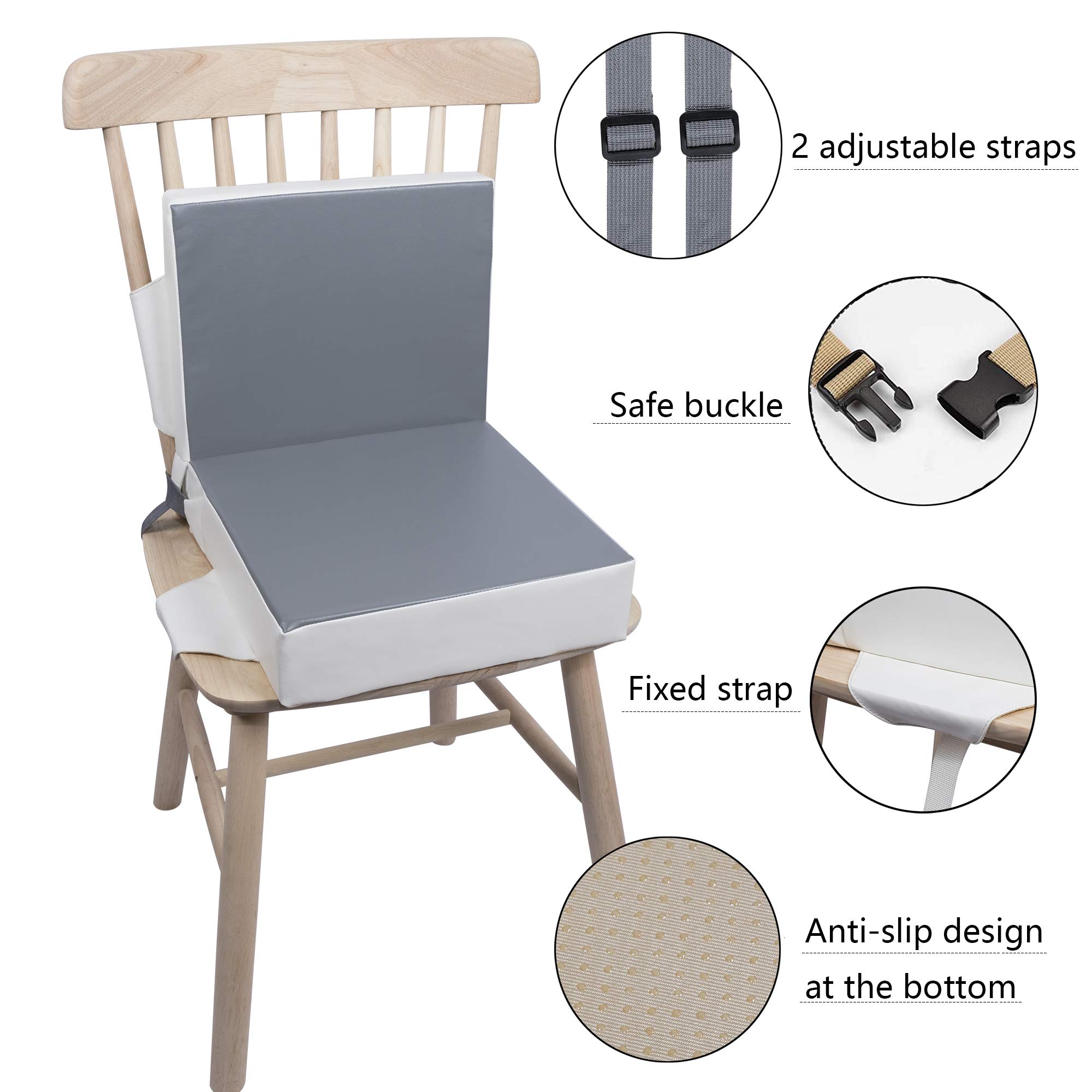 Sitzerhöhung Stuhl Kind Kalawen 2 Stücke Sitzkissen Kinder Baby PU Waschbar Tragbare Stuhl Sitzerhöhung mit Gurte Kindersitzkissen fur Kinder über Zwei Jahre, Grau