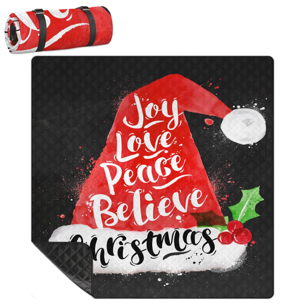 Shimoshe Extra Large Picnic Blankets 79”x 79”, Christmas Hat On Black Background Waterproof Foldable Picnic Mat with Straps Portable Beach Blanket for Camping Park Grass Beach Indoor