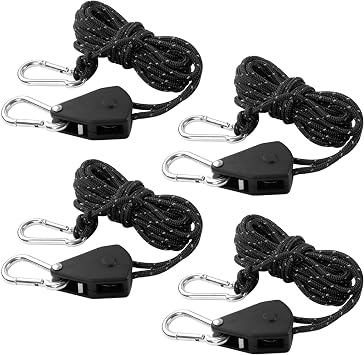 4M Tent Guy Black Rope with Pulley Reflective Guide Rope 4Pcs | Guy Lines, 1/8 Inch Adjustable Heavy Duty Ratchet Rope for Awning Camping,Hiking