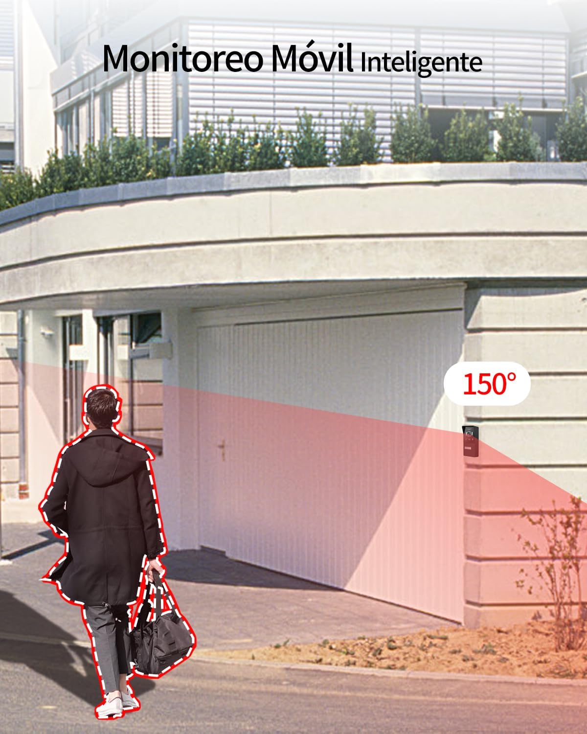 Outdoor doorbell unit with a 150-degree motion detection zone highlighted, showing a person walking by.