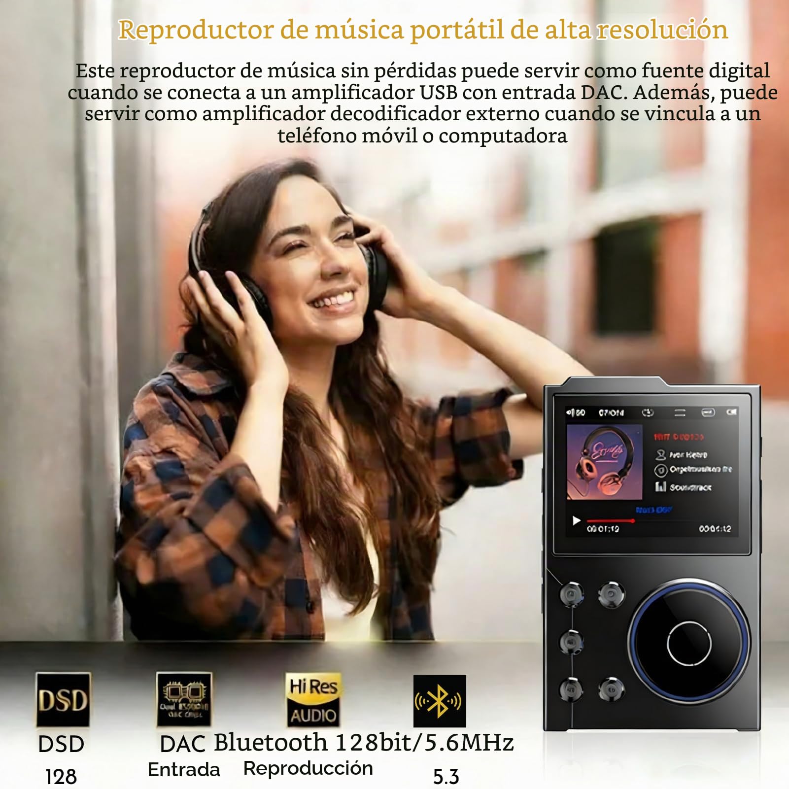 MP3 Player Bluetooth 5.3 HiFi DSD DAC Hi -Res FLAC Música Digital Player 2.4 Pulgadas Pantalla HD con una Tarjeta de Memoria de 16 GB Admite hasta 256 GB