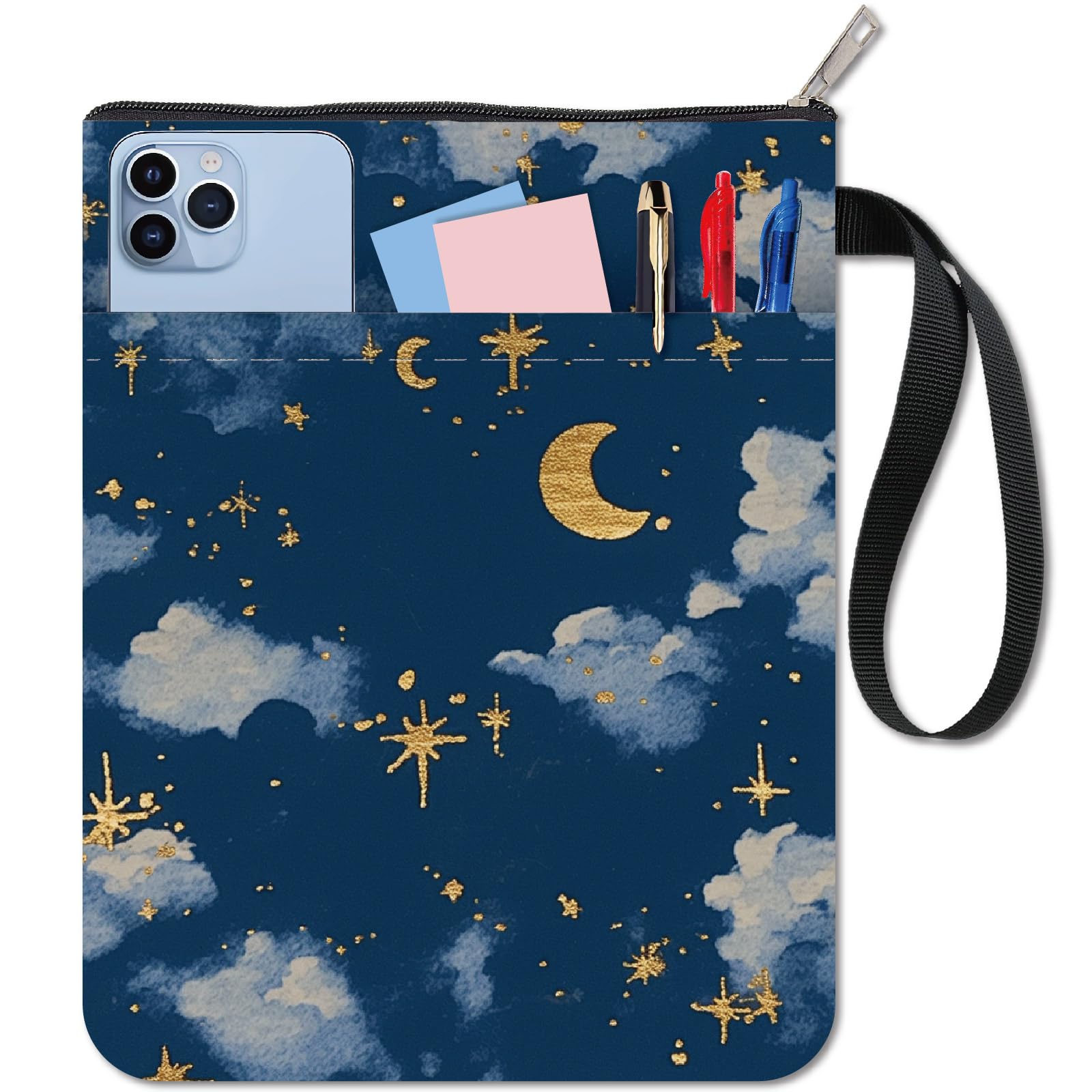 CRASPIRE Book Covers Sleeve Dreamy Night Dark Cloud Moon Star Peaceful Notebook Wraps Fabric Book Protector with Zipper Front Pocket Washable Reusable for Book Lovers Readers Paperback Decoration