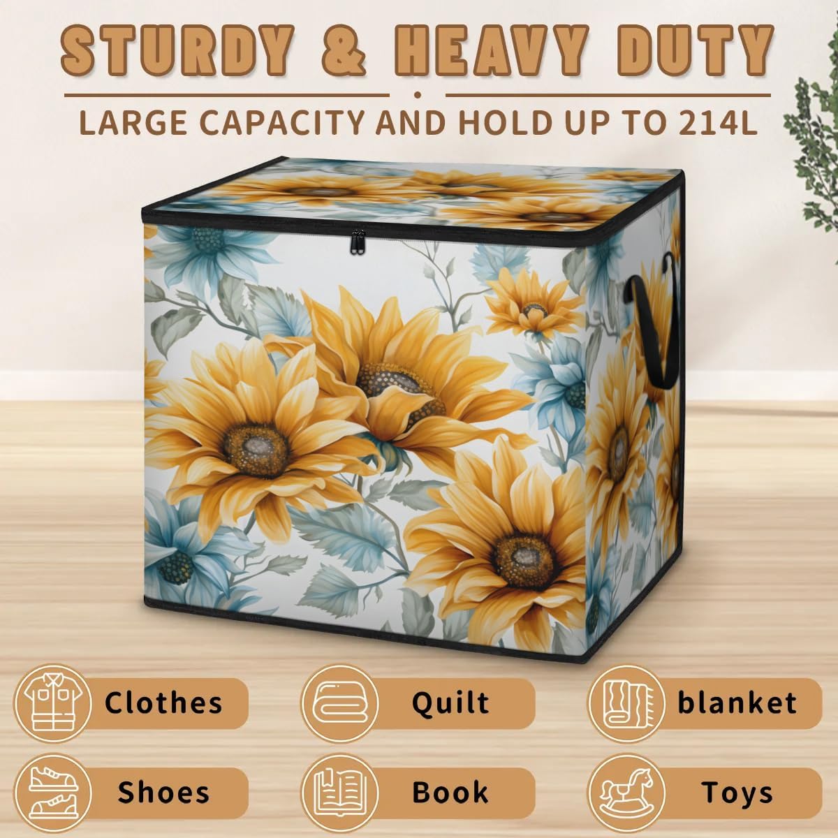 Honeybaby 214L Extra Large Comforter Storage Bag Sunflowers Pattern Storage Totes with Lids Waterproof Closet Organizer Folding Blanket Storage Bags for Clothes Bedding Pillows